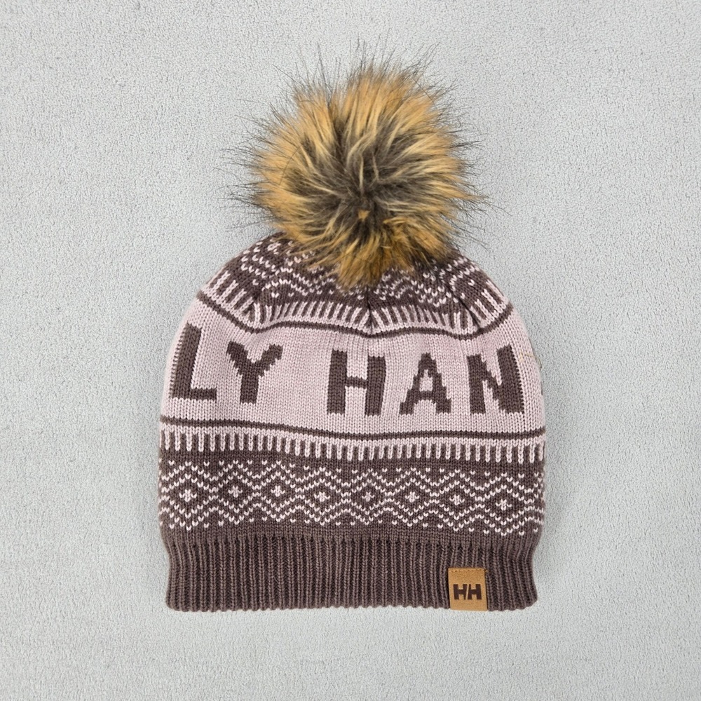 Helly Hansen Champow Beanie Brown Mauve Fair Isle Faux Fur Pom One Size